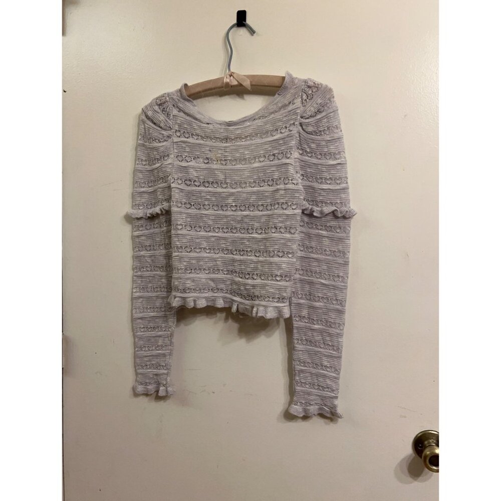 Mustard Seed NEW Ruffle Cardigan Sweater Size S Gray Knit Long Sleeve Cropped Bu - Picture 2 of 11